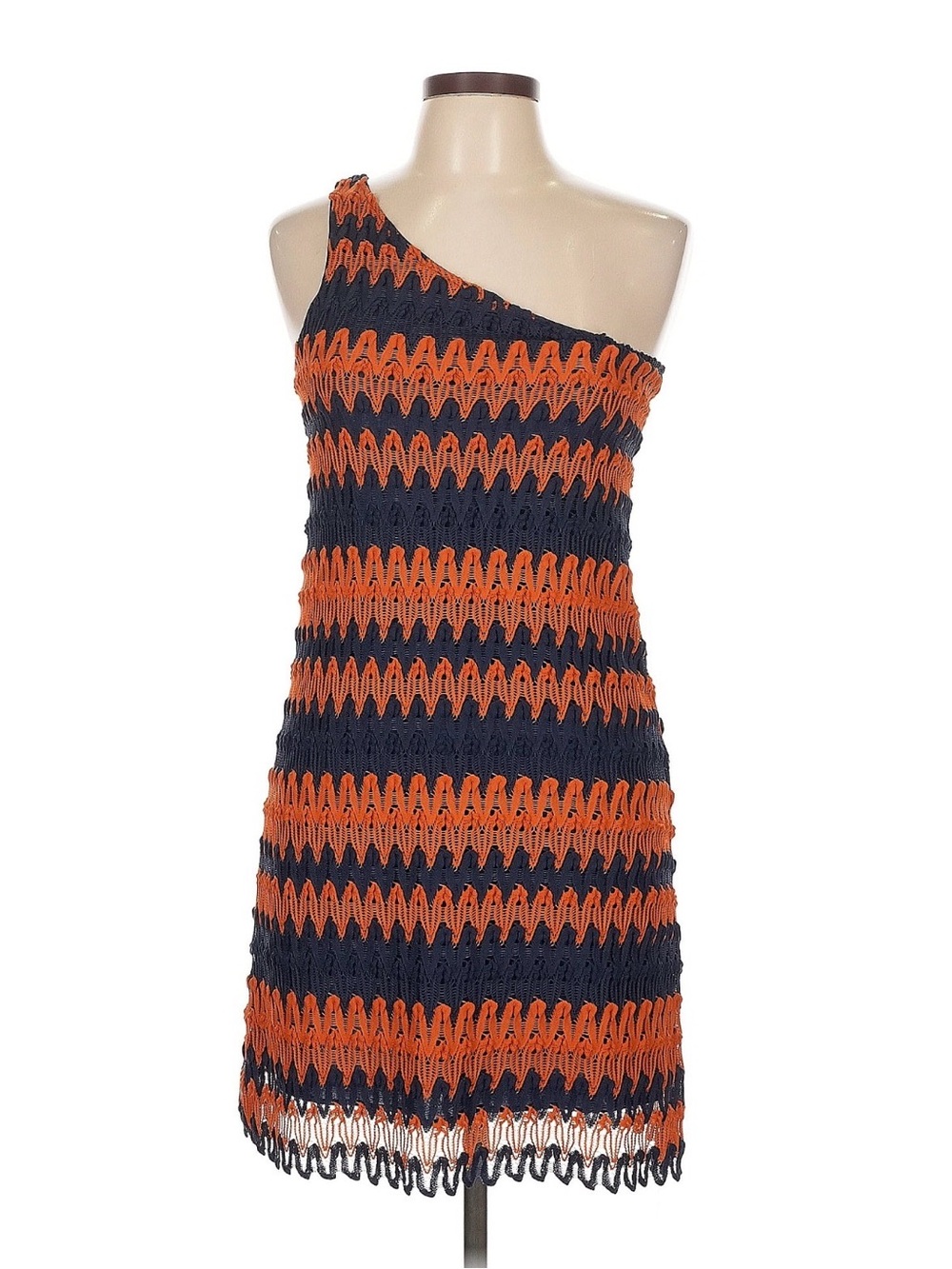 Judith March One-Shoulder Crochet Stripe Dress in Navy and Orange